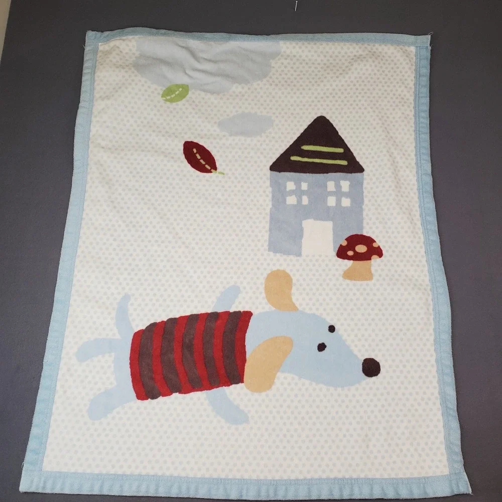 Hooded Children's Blanket White W/ Blue Polka Dots Dog, House, Mushroom 30x38